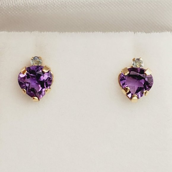 10K Yellow Gold Genuine Amethyst (1.5ct) and Aquamarine Stud Earrings - Picture 1 of 5